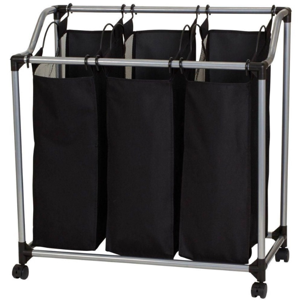 NIB Household Essentials Black 3-Section Laundry Sorter with Rolling Frame